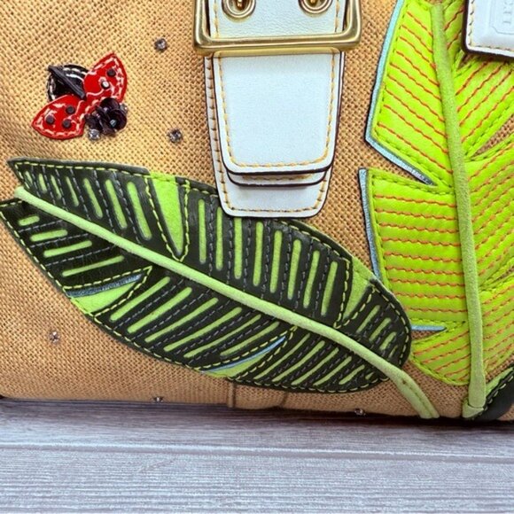 Vintage rare Coach Straw ladybug leaf tote bag purse rhinestone handbag summer - Picture 7 of 16